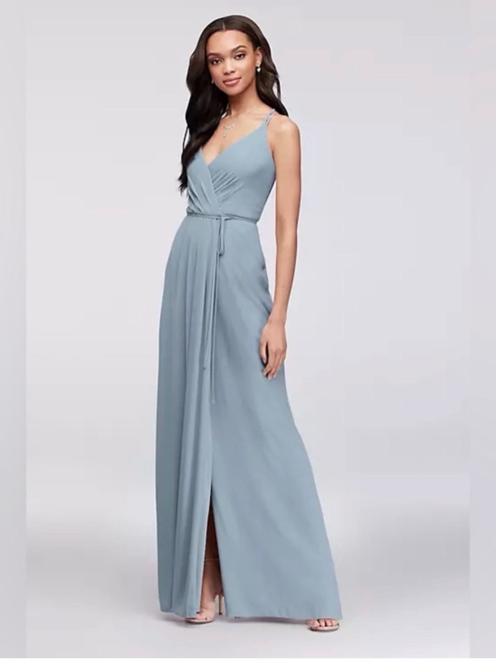 David's Bridal Dusty Blue V-Neck Sleeveless Maxi Dress